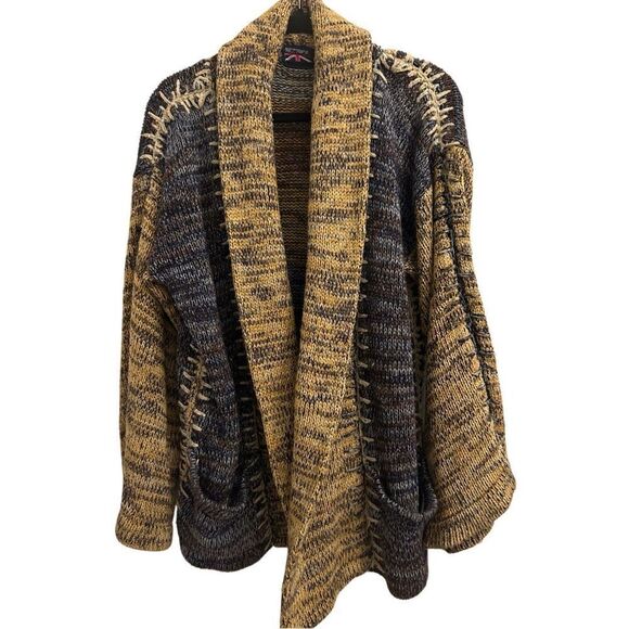 Vintage Brittania Patchwork Rustic Chunky Sweater Cardigan sz L Hippie Bell Slee - Picture 1 of 8